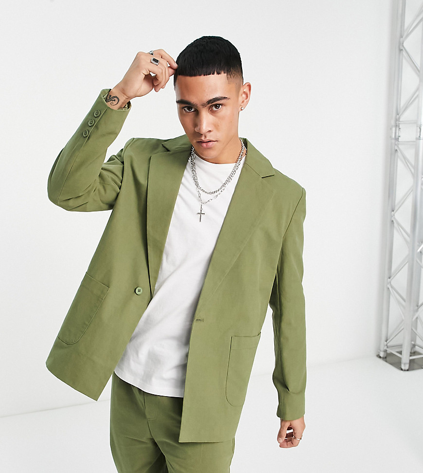 Reclaimed Vintage slim fit relaxed summer blazer in khaki co-ord-Green