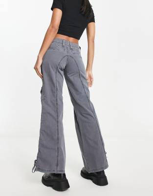 Deeptown Y2K Vintage Gray Flare Pants Women Korean Fashion