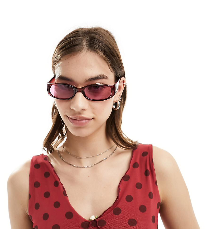 Reclaimed Vintage slim rectangle wrap sunglasses in deep red