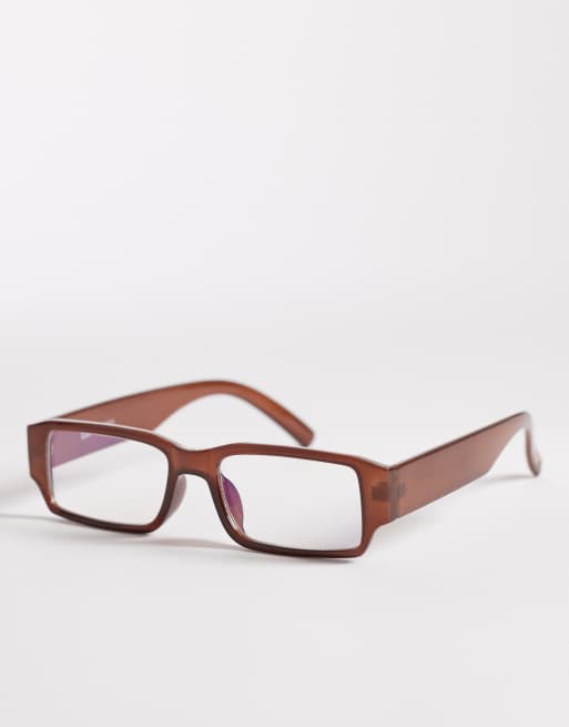 Reclaimed Vintage slim square blue light glasses in chocolate brown