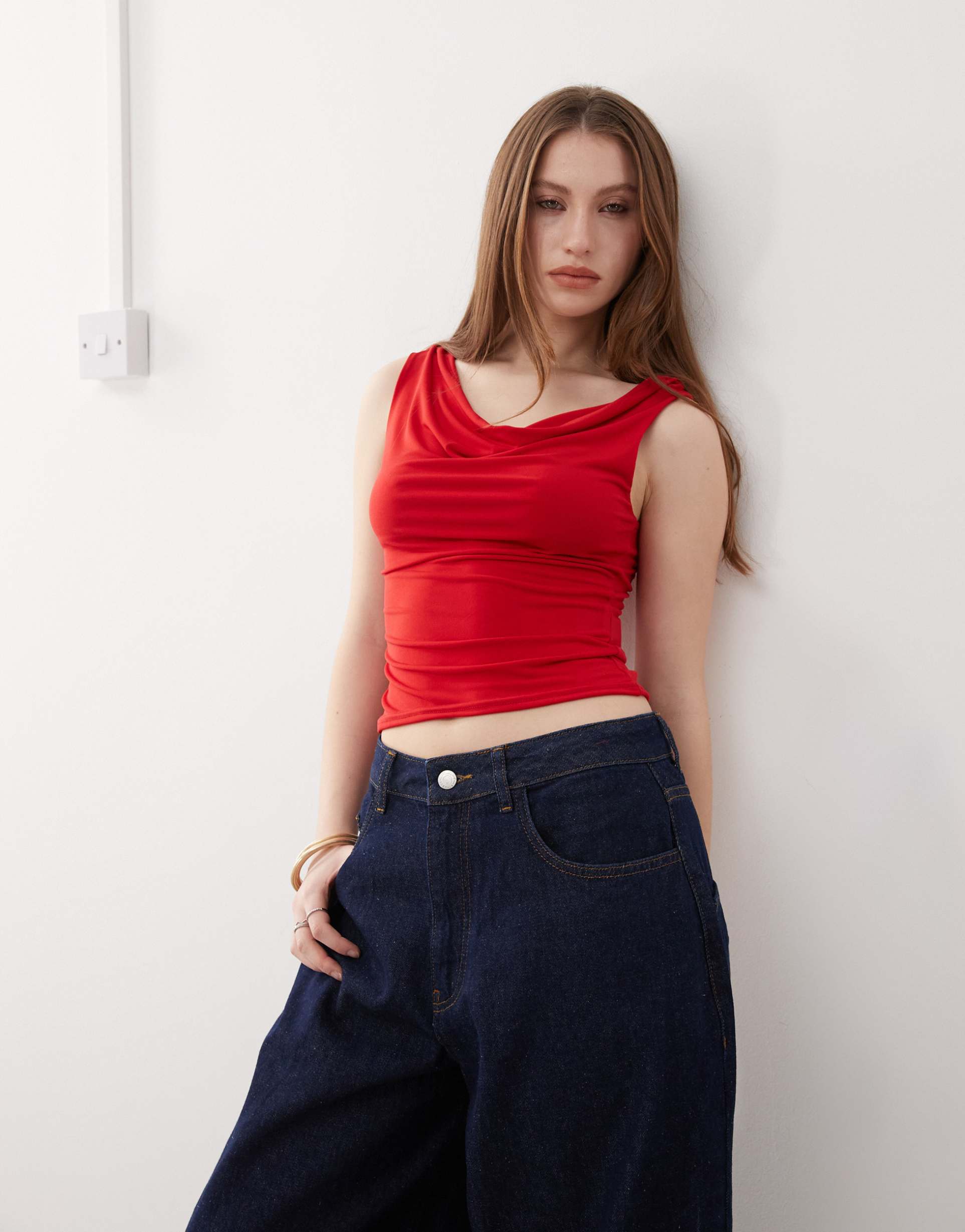 reclaimed vintage slinky cowl neck tank in red