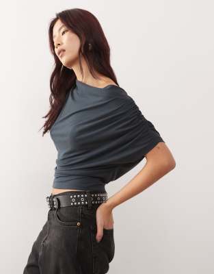 Reclaimed Vintage slinky drape top in charcoal-Gray