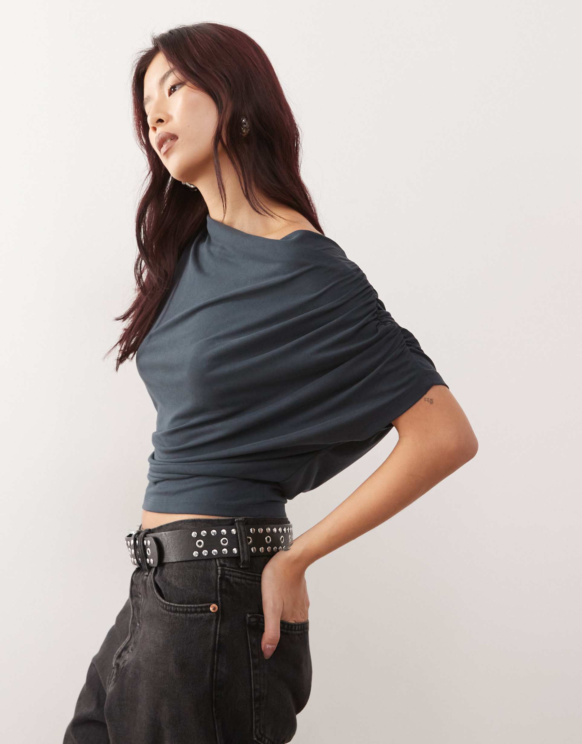 reclaimed vintage slinky drape top in charcoal