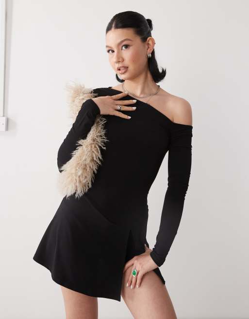 Reclaimed Vintage slinky long sleeve mini skort dress in black