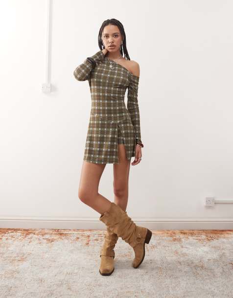 Reclaimed Vintage slinky long sleeve mini skort dress in check - view 1