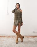 [Reclaimed Vintage] Reclaimed Vintage slinky long sleeve mini skort dress in check-Multi S multi
