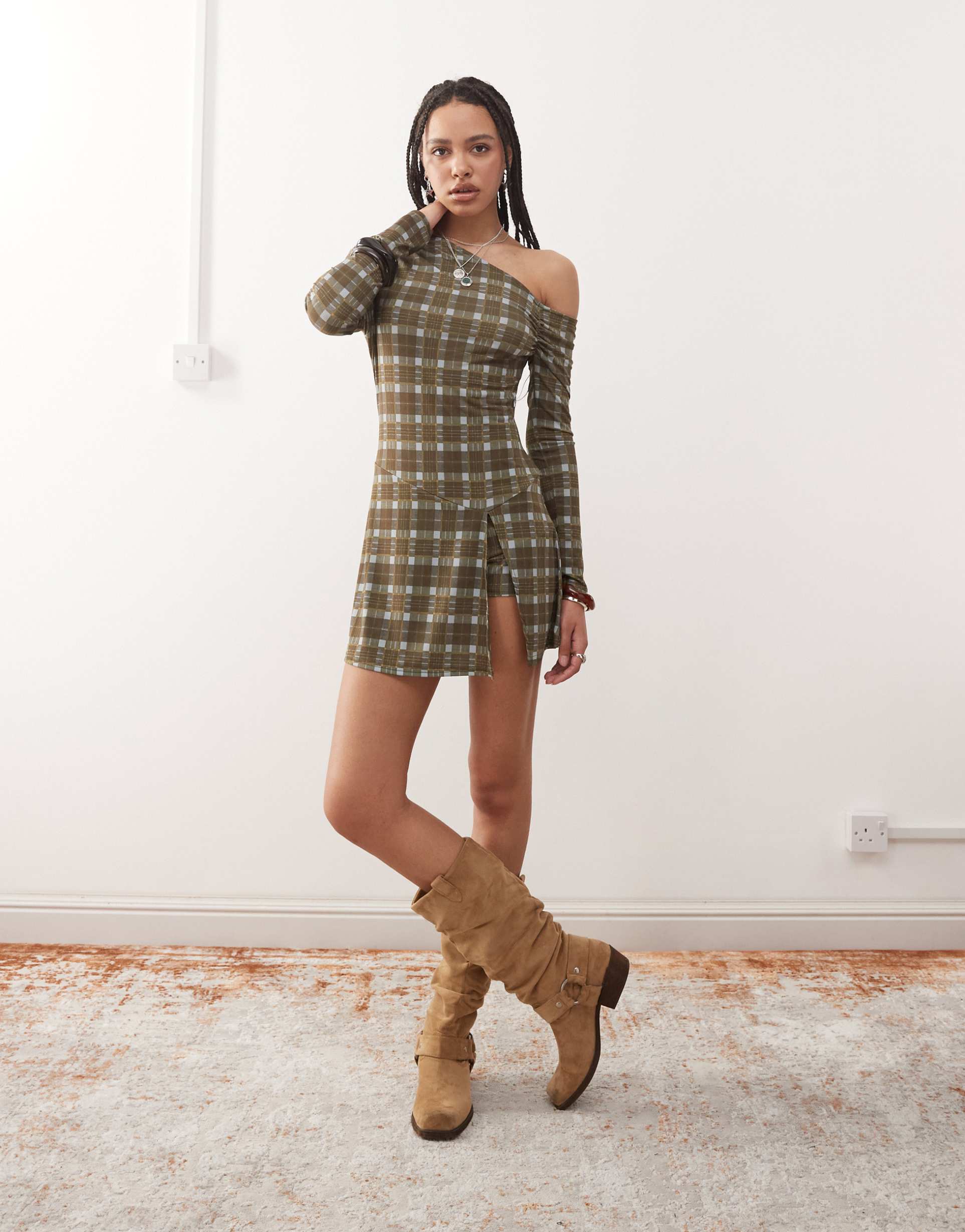 reclaimed vintage slinky long sleeve mini skort dress in plaid