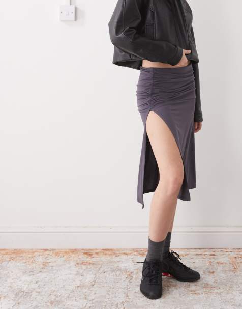 Reclaimed Vintage slinky midi skirt with side slit in grey - view 1