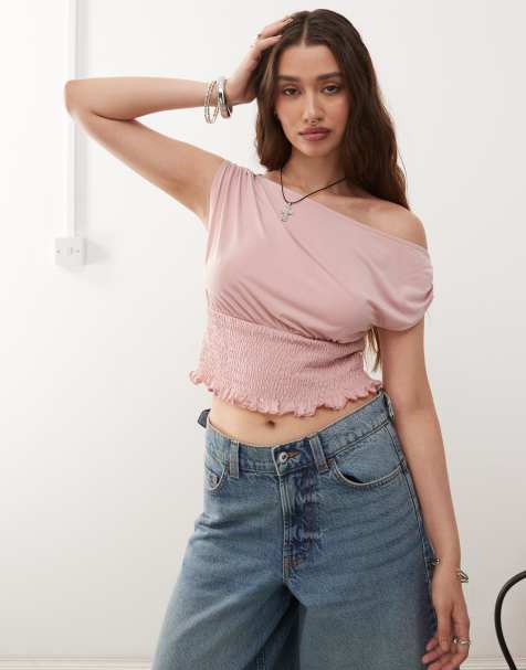 Reclaimed Vintage slinky one shoulder top with shirring waist in blush pink - view 1