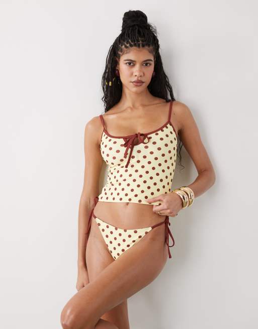 Reclaimed Vintage - Slip bikini con laccetti laterali giallo a pois marroni