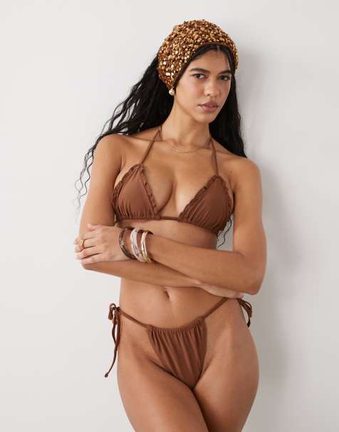 Reclaimed Vintage - Slip bikini marrone con allacciatura laterale e volant - view 1