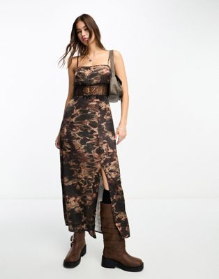 Reclaimed Vintage satin slip dress in grunge print with lace details