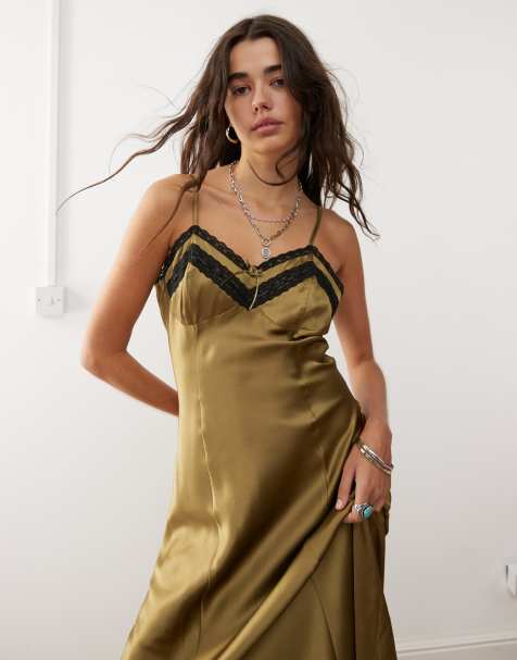 Reclaimed Vintage - Slipdress met camibandjes en kanten randen in olijfgroen - view 1