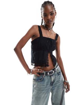 Reclaimed Vintage Slit Front Cami Top With Lace In Black