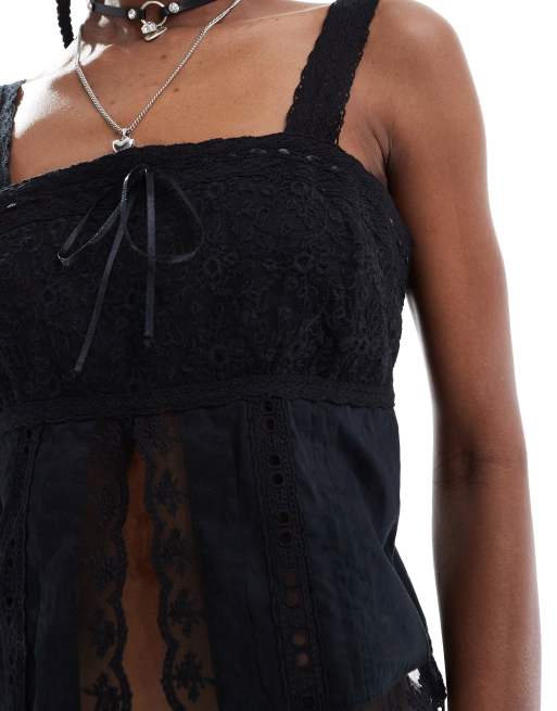 Reclaimed Vintage slit front cami top with lace in black, 4 of 4