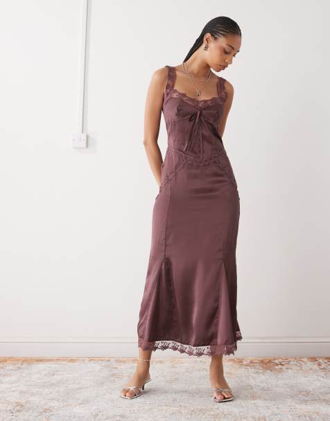 Reclaimed Vintage midi dress with lace cutouts in plum
