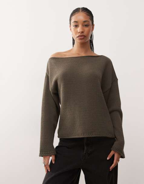 Reclaimed Vintage slouchy off shoulder jumper in brown - view 1
