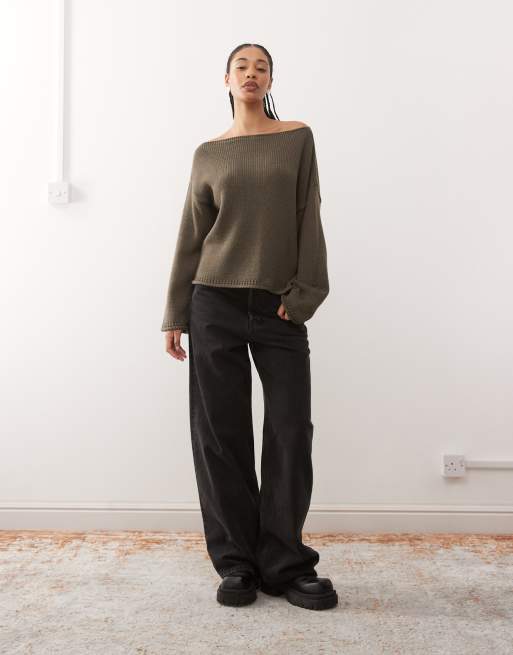 Reclaimed Vintage slouchy off shoulder jumper in brown, 2 of 4