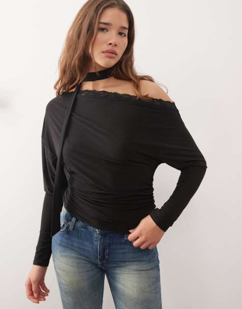 Reclaimed Vintage slouchy off shoulder lace trim top with scarf in black - view 1