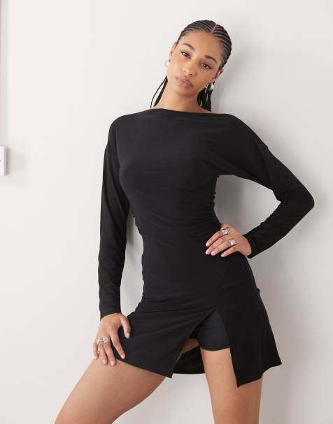 Reclaimed Vintage slouchy off shoulder long sleeve skort mini dress in black - view 1