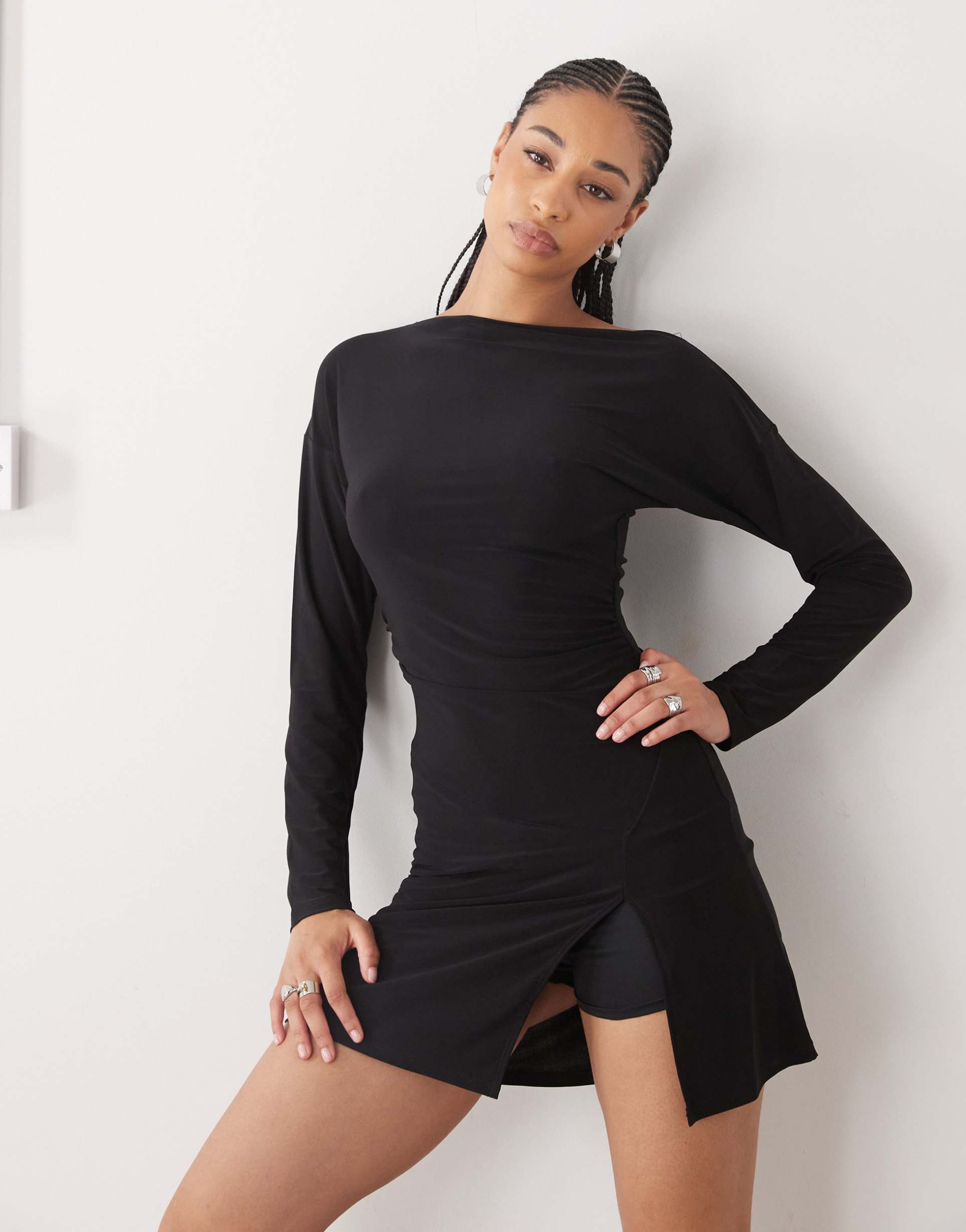 reclaimed vintage slouchy off shoulder long sleeve skort mini dress in black