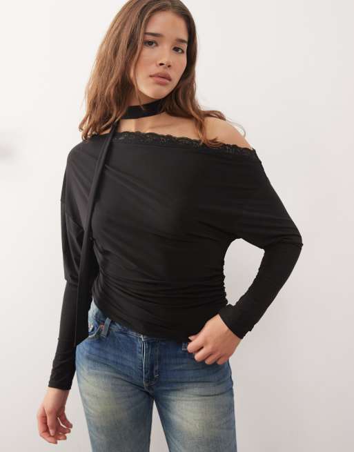 Reclaimed Vintage slouchy off shoulder top with scarf in black