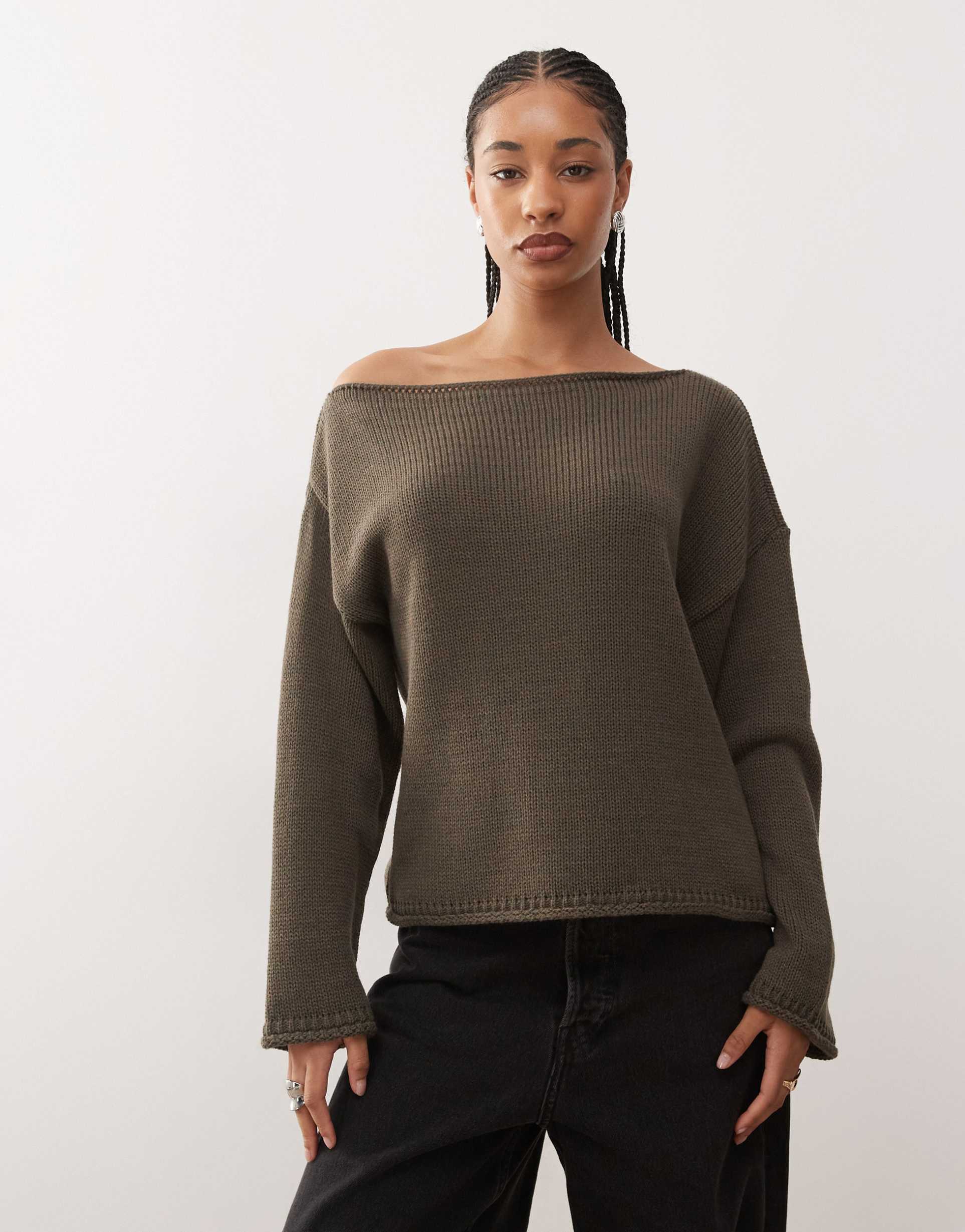 reclaimed vintage slouchy off the shoulder sweater in brown