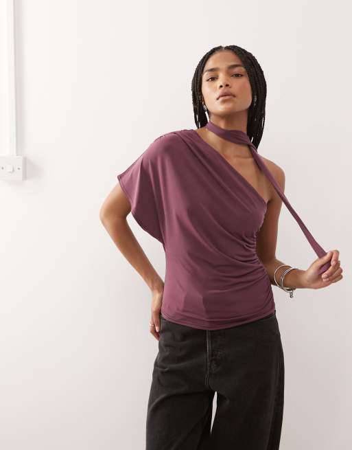 Reclaimed Vintage slouchy one shoulder top with side ruching and scarf in plum