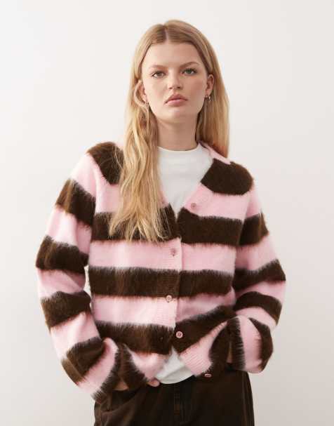 Reclaimed Vintage slouchy oversized v-neck stripe cardigan in pink and khaki - view 1