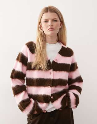 Reclaimed Vintage Slouchy Oversized V-neck Striped Cardigan In Pink