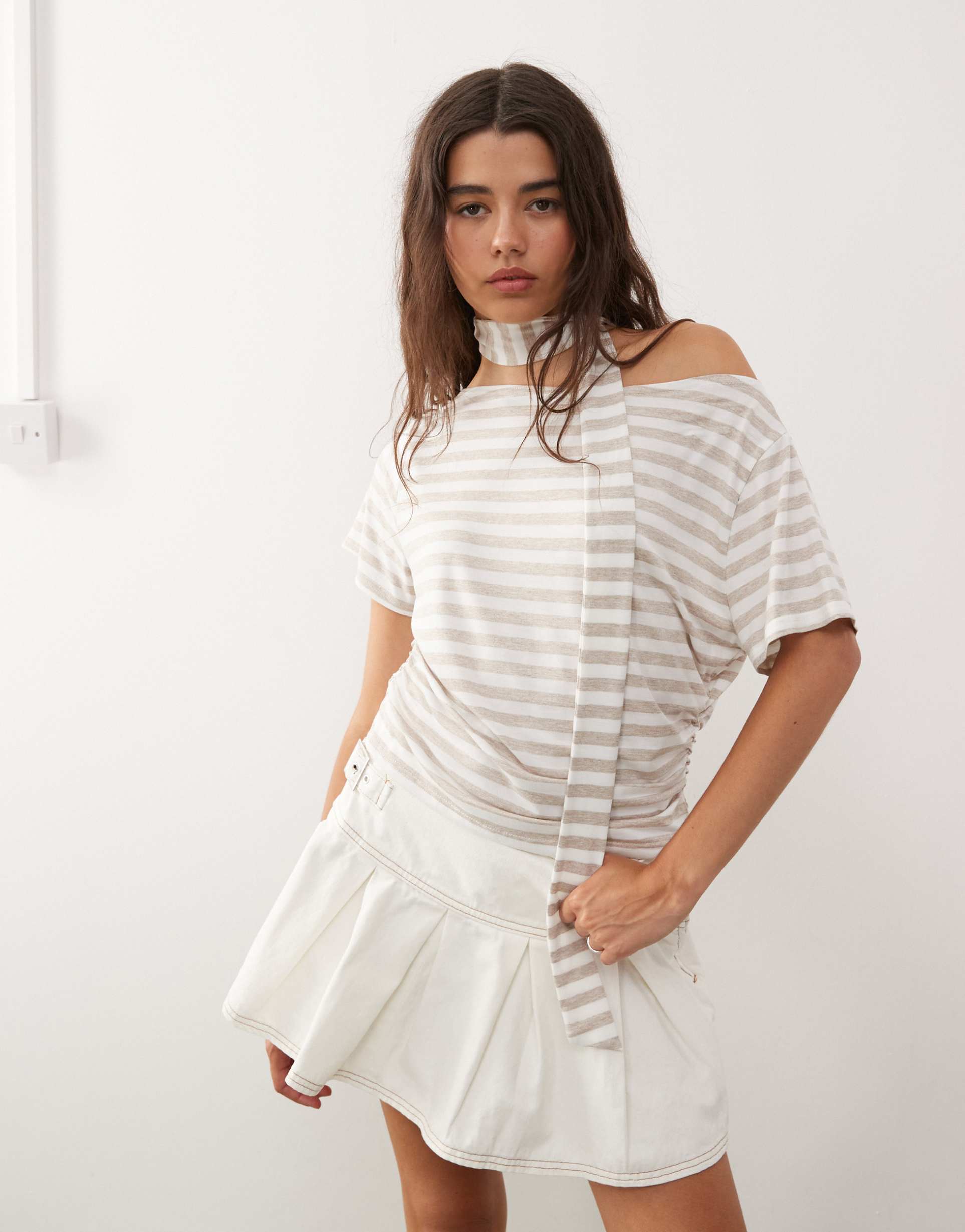 reclaimed vintage slouchy shoulder top with scarf in stripe