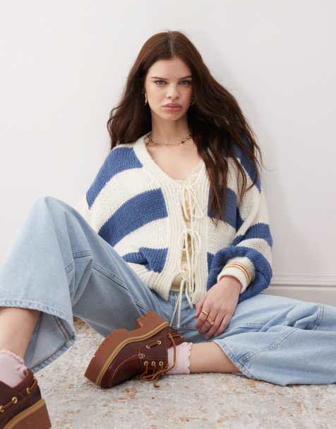 Reclaimed Vintage slouchy tie front cardigan in navy stripe - view 1