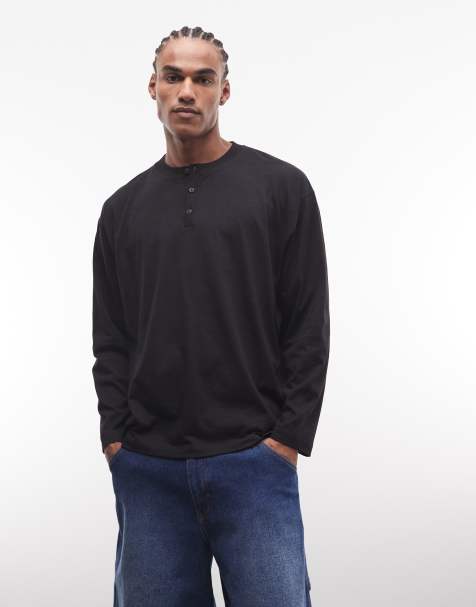 Reclaimed Vintage slub jersey lightweight henley top in black - view 1