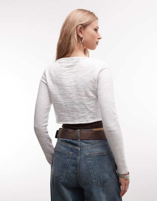 Reclaimed Vintage slubby jersey bolero top in cream, 4 of 4
