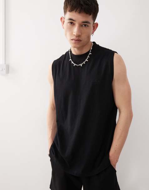 Reclaimed Vintage slubby jersey dropped armholes boxy tank top in black - view 1