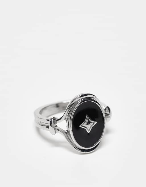 Reclaimed Vintage - Sølvfarvet fin ring med sort smykkesten