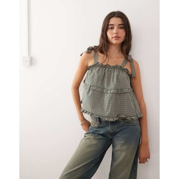 Reclaimed Vintage smock cami top with tie straps and ruffles