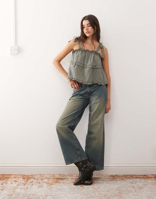 Reclaimed Vintage smock cami top with tie stripes and ruffles in green and blue check, 2 of 4