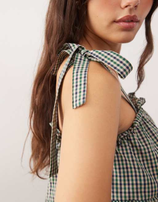 Reclaimed Vintage smock cami top with tie stripes and ruffles in green and blue plaid