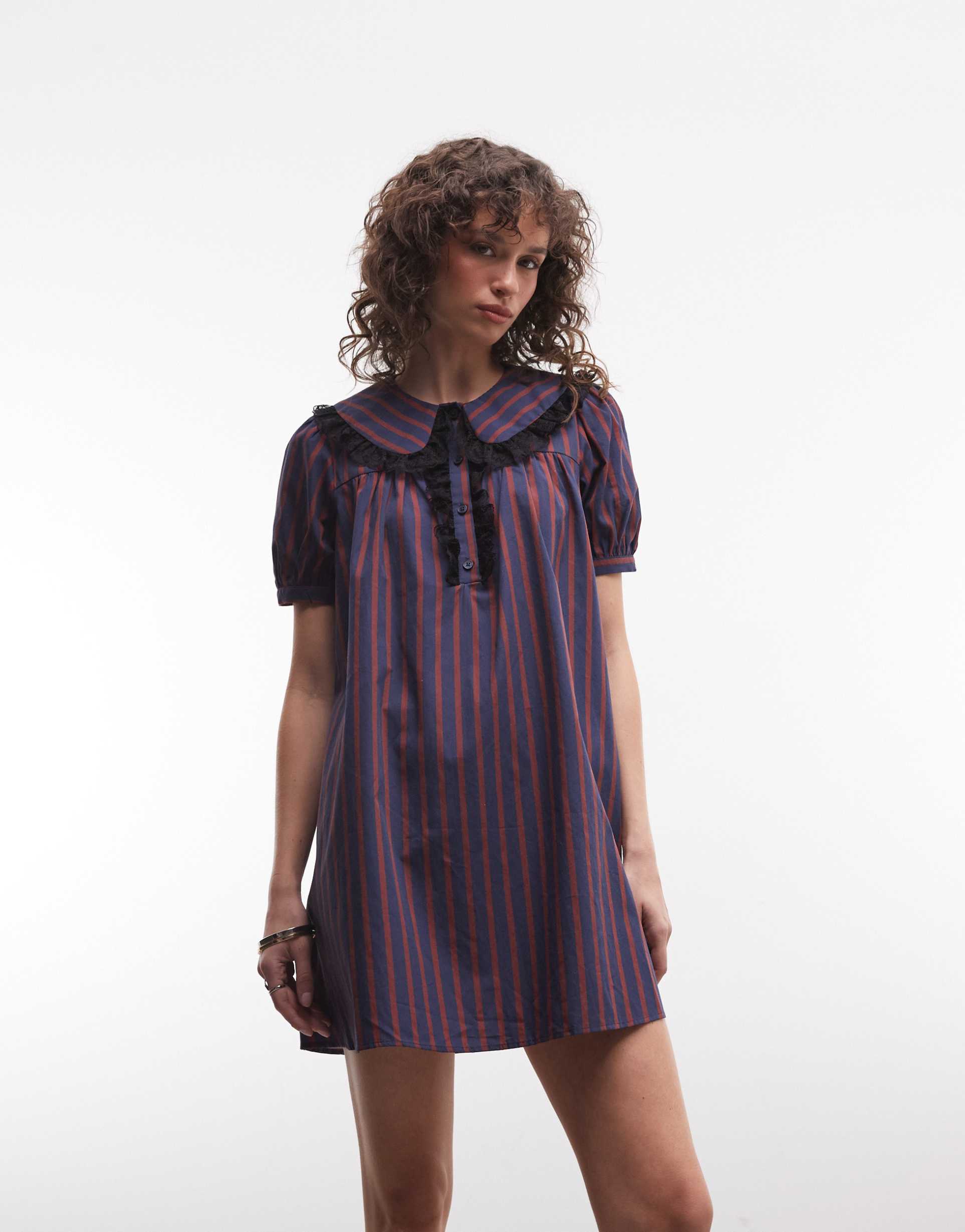 reclaimed vintage smock dress with peter pan collar in navy stripes