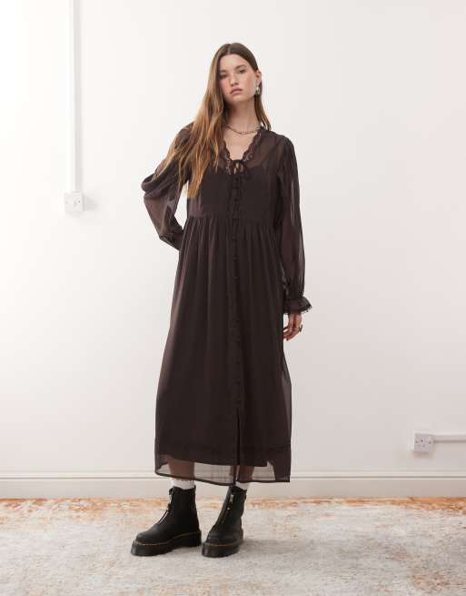 Reclaimed Vintage smock midi dress with lace trims and cape sleeve detail in chocolate brown