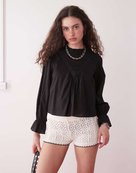 Reclaimed Vintage smock top with flare sleeve and lace inserts in black - view 1