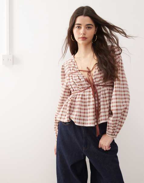 Reclaimed Vintage smock top with ruching detail in brown check - view 1