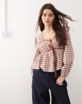 [Reclaimed Vintage] Reclaimed Vintage smock top with ruching detail in brown check-Multi 6 brown