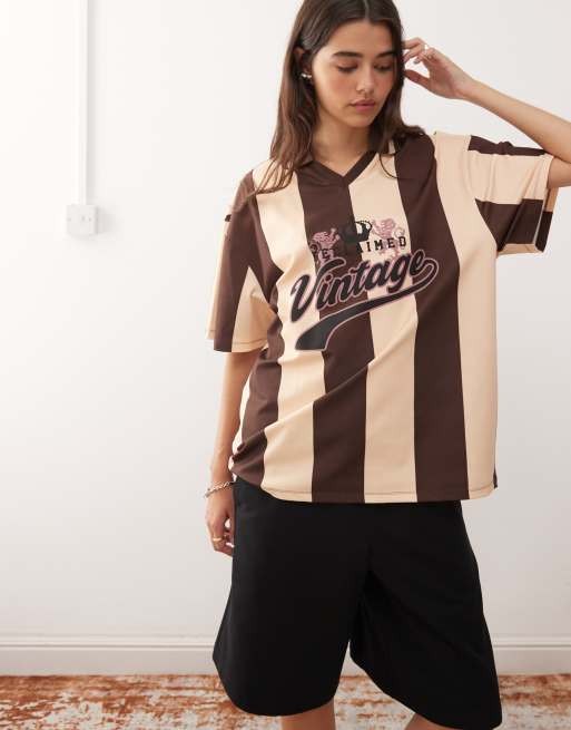 Reclaimed Vintage soccer T-shirt with branded graphic in brown and butter yellow stripe 