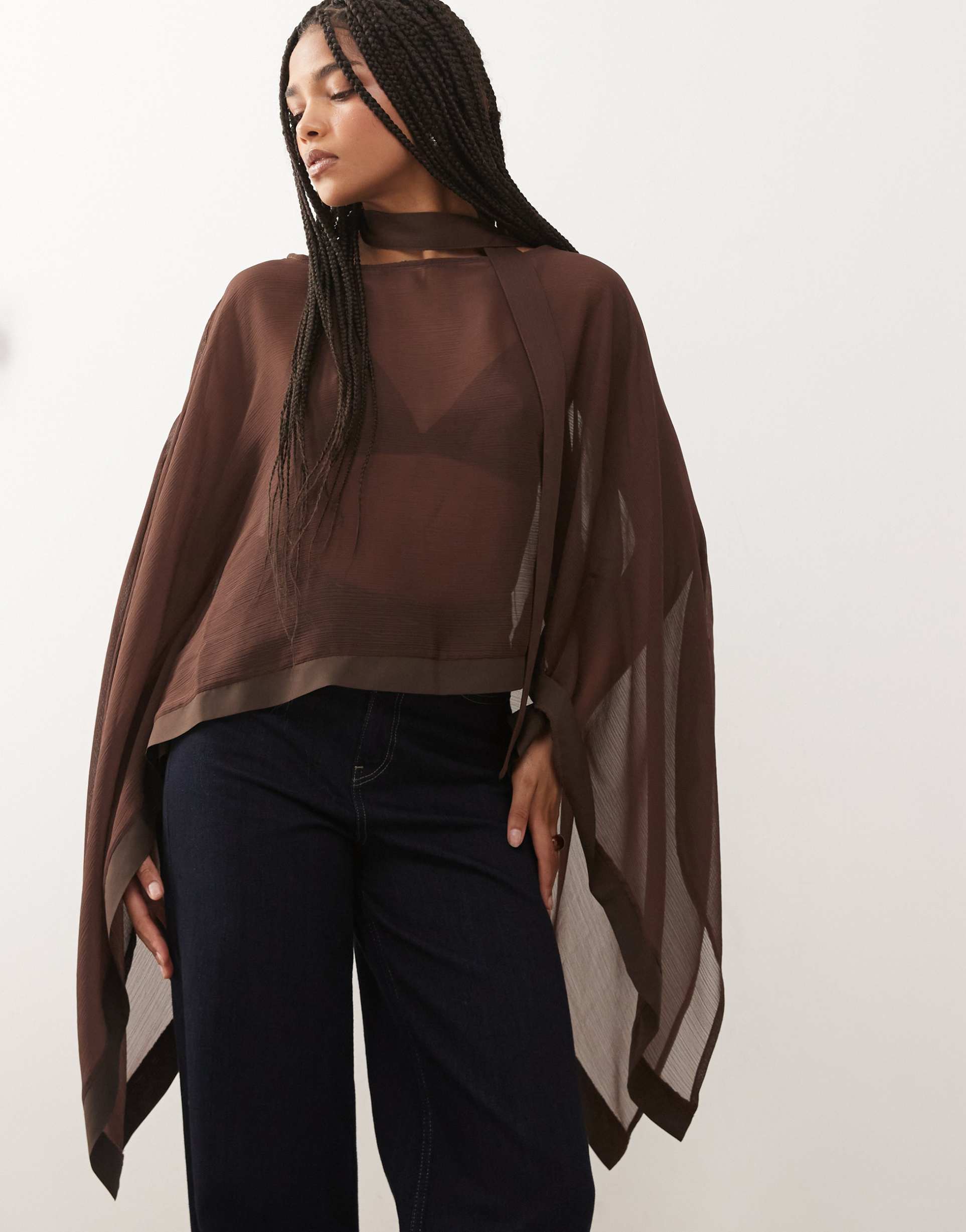 reclaimed vintage soft cape top with asymmetric hem and matching scarf in brown
