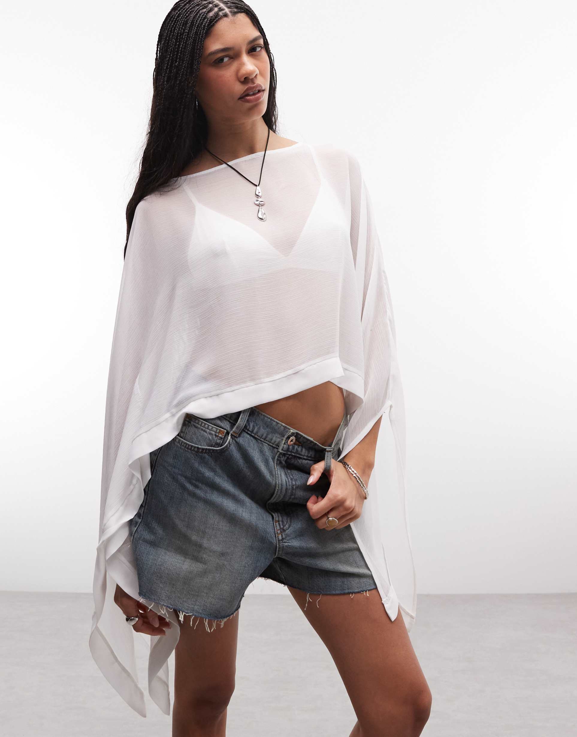 reclaimed vintage soft cape top with asymmetric hem and matching scarf in ivory