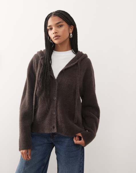 Reclaimed Vintage soft knitted hooded cardigan with tie bow detail in chocolate brown - view 1
