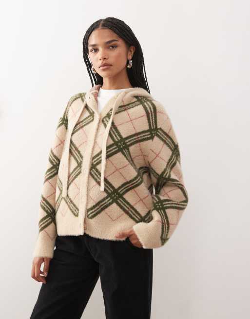 Reclaimed Vintage soft knitted hooded cardigan with tie bow detail in neutral check print 