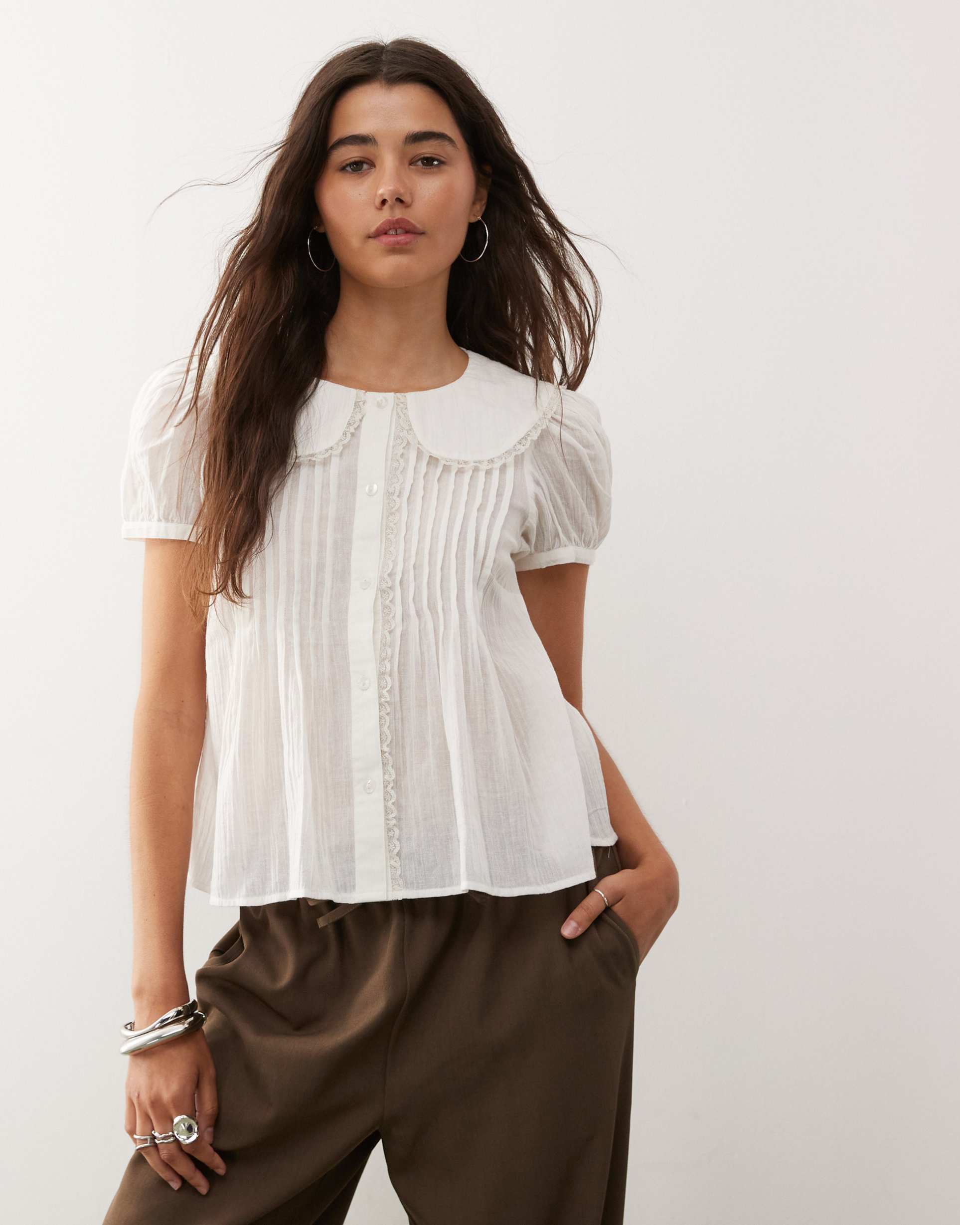 reclaimed vintage soft shirt with peter pan collar in ivory